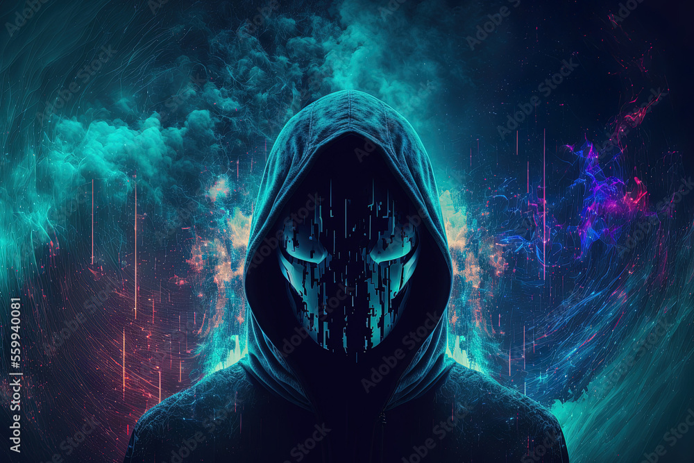 Poster darknet and cyber security concept with anonymous person on abstract digital bright background. gene