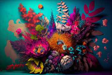 Continuity backdrop with vibrant flowers. Generative AI