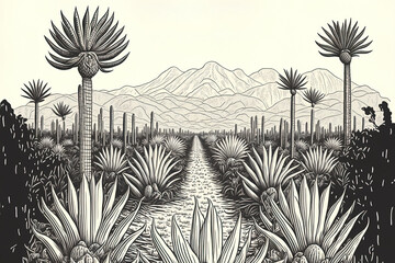 Field of agave. old fashioned retro scenery harvesting to make tequila. drawn by hand and engraved. Woodcut design. Menu or poster illustration in format. Generative AI