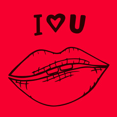 I love you handwritten lettering. Happy Saint Valentine's wish card with lips in doodle style.