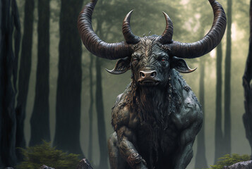 Minotaur (Minos the Bull) is a Cretan monster with the body of a man and the head of a bull. - obrazy, fototapety, plakaty