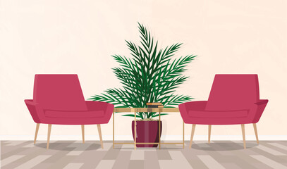 Livingroom in trend viva magenta color 2023 year. A bright chair accent.