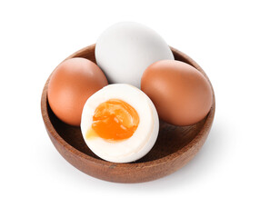 Bowl with soft boiled eggs on white background