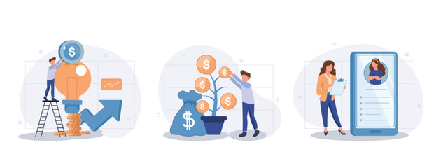 Tiny business people investing into innovation with high potential, financial literacy. Digital promotion, social media networks advert. Set flat vector modern illustration