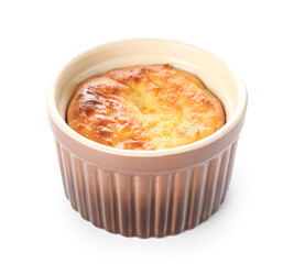 Delicious cheese pie in baking form isolated on white background