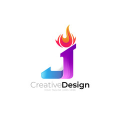 Letter J logo and fire design illustration, Burning torch logo
