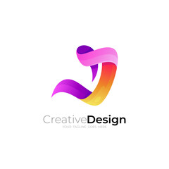 J logo with ribbon design combination, 3d colorful icons