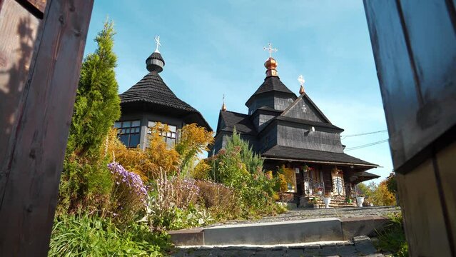 Church of Nativity of Blessed Virgin Mary of 17-18 centuries in Vorokhta, western Ukraine, Carpathians. Church belongs to Hutsul school of traditional temple building, was build without nails