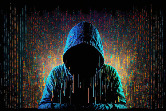 Hacking and thievery concept with an original design abstract digital pixel noise glitch error video damage. Hacker using laptop with abstract glowing large data glitch on black background. Generative