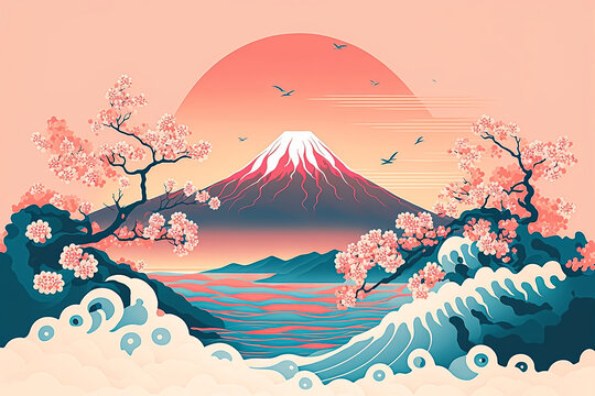 Fuji, waves and cherry blossoms in pastel colors of first sunrise New Year's card. vector illustration, Digital art, holiday, Japan. Generative AI