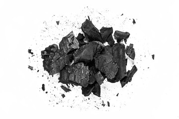 Top view of Natural wood charcoal on white background.