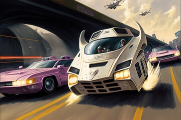 Fototapeta na wymiar Spaceship chasing car, futuristic scene