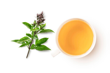  Cup of tea with mint on white background. Top view
