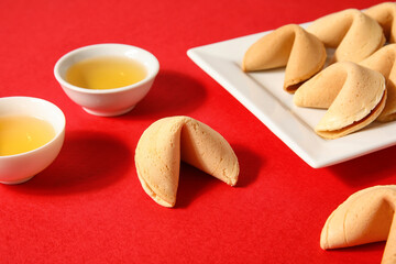 Plate with fortune cookies and cups of tea on red background. New Year celebration