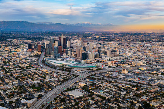 Downtown Los Angeles Snow Peaked Mountains Aerial Sunset