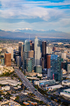 Downtown Los Angeles Snow Peaked Mountains Aerial Sunset Photography