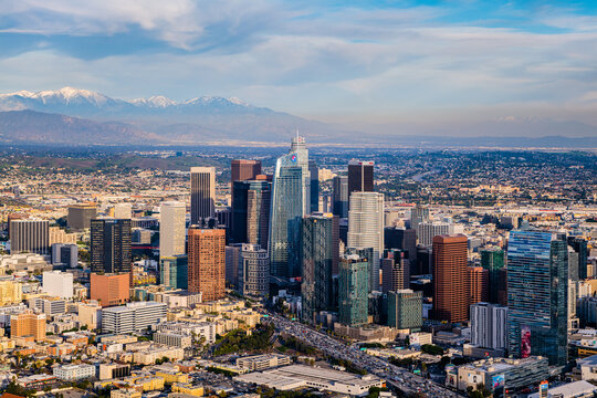Downtown Los Angeles Snow Peaked Mountains Aerial Photography