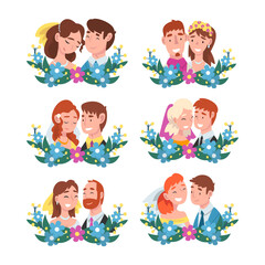 Happy romantic couples in wreath of flowers set cartoon vector illustration