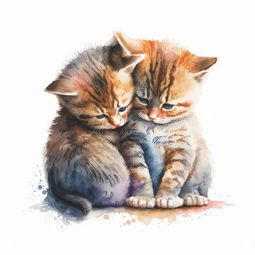 Two cut Kittens hugging on white background.