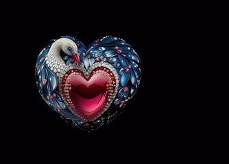 jewelry 3D hearts with beautiful gemstone diamonds, ruby, emeralds, on valentine's day. Card, banner. With isolated background. copy space. Generative AI