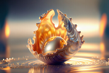 Beautiful white pearl inside golden shell on a beach, sundown. Generative AI - 559944862