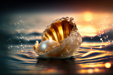 Beautiful white pearl inside golden shell on a beach, sundown. Generative AI