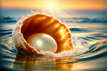 Beautiful white pearl inside golden shell on a beach, sundown. Generative AI - 559944874