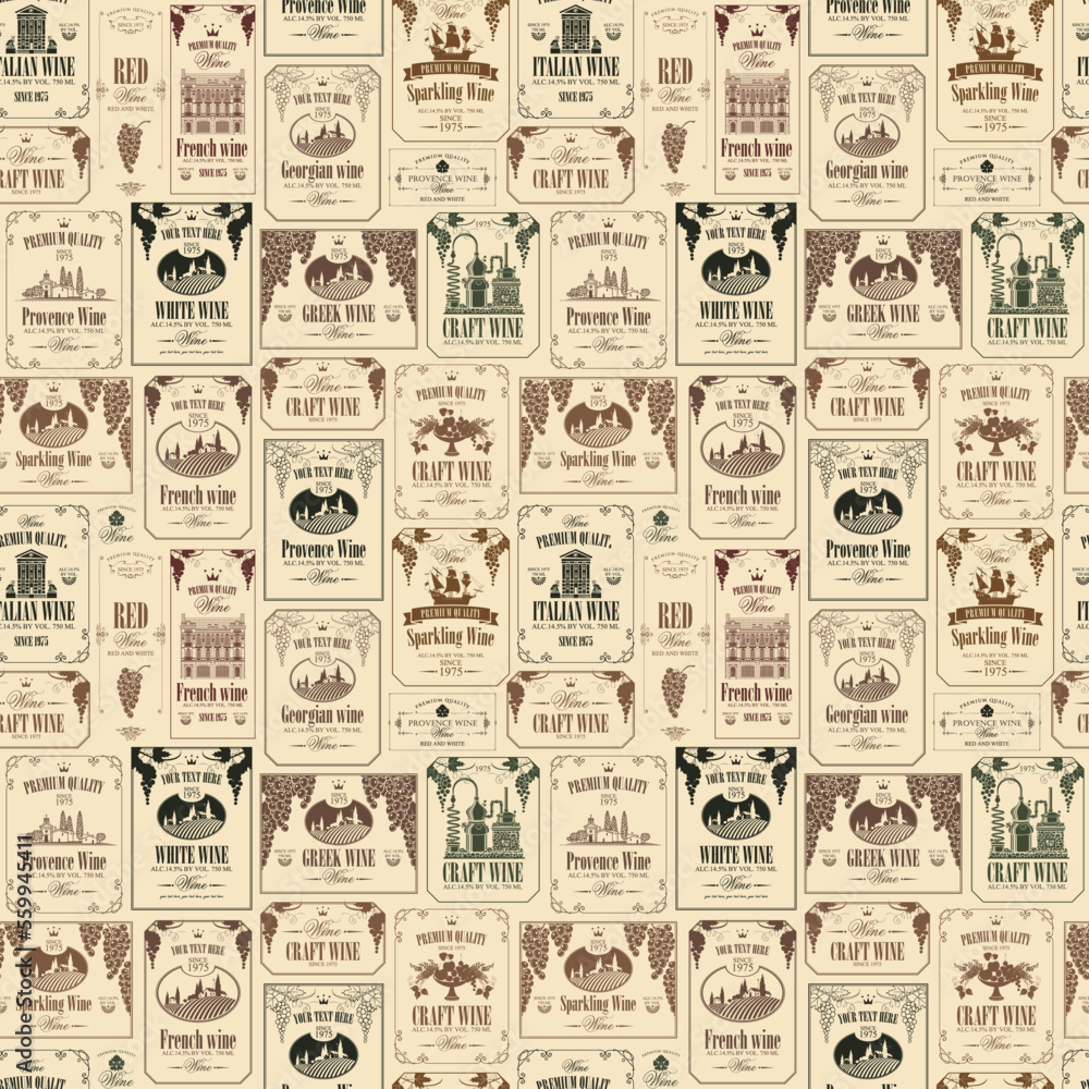Poster vector seamless pattern on theme of wine with various wine labels with images of grapes, landscapes,