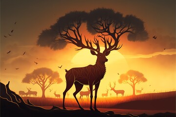 Naklejka na ściany i meble Deer with giant branching antlers trees on sunset background