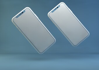 Padang, Indonesia - January 10, 2023: Smartphone frameless mockup. 3d render of Brand new iPhone in blue color - template with a blank screen for application presentation.