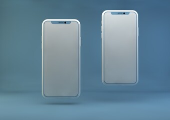 Padang, Indonesia - January 10, 2023: Smartphone frameless mockup. 3d render of Brand new iPhone in blue color - template with a blank screen for application presentation.