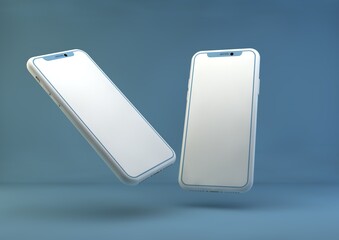 Padang, Indonesia - January 10, 2023: Smartphone frameless mockup. 3d render of Brand new iPhone in blue color - template with a blank screen for application presentation.