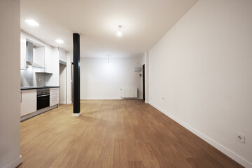 Obraz premium Open kitchen furnished with white furniture, integrated appliances and wooden floors