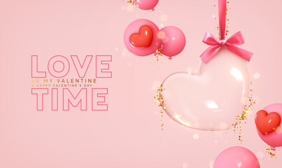 Valentines day background. Transparent glass heart hanging on pink ribbon, falling gold glitter confetti. Realistic 3d design decoration. Holiday ornament glass heart empty inside. vector illustration