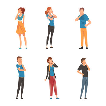 Set of thoughtful people. Men and women in casual clothes thinking or solving problems cartoon vector illustration