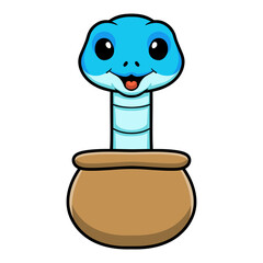 Cute blue snake viper cartoon out from pot