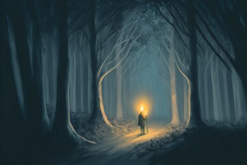 A man with a torch in the forest, fantasy scene - obrazy, fototapety, plakaty