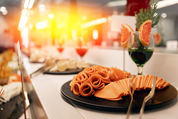 Closeup food for party: snacks, canapes. Concept Catering service restaurant photo