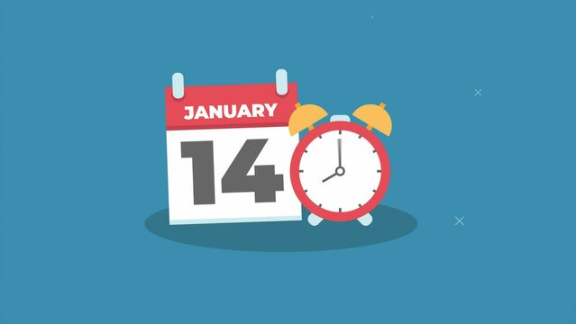 14 january day date concept template calendar page animation.deadline concept. calendar and alarm clock animation.blue background