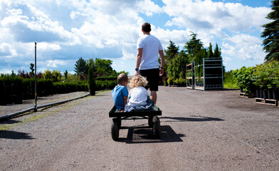 Rear view of father giving toy wagon's ride to children during sunny day