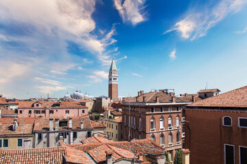 Beautiful view of Campanile Campanile in Piazza San Marco and the Venetian lagoon in Venice, Italy