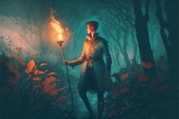 A man with a torch in the forest, fantasy scene