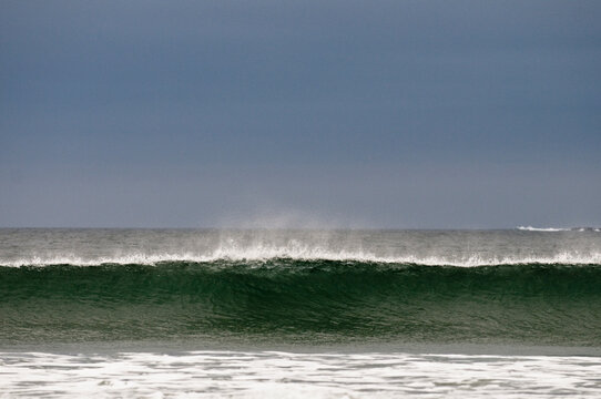 An ocean wave breaks along a beach.