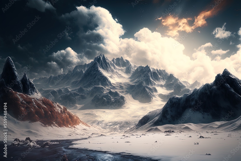 Poster scenic view of snow-capped mountains against a moody sky. Generative AI