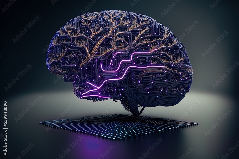 Poster an ai depiction of a human brain, complete with a chip of digital neuronal activity. generative ai
