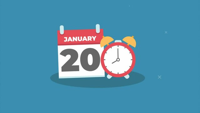 20 january day date concept template calendar page animation.deadline concept. calendar and alarm clock animation.blue background