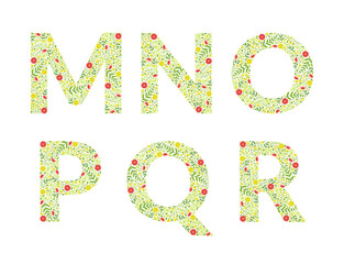 M,n,o,p,q,r floral alphabet letters. Capital letters made flowers and green leaves cartoon vector illustration