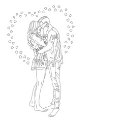 The guy and the girl are hugging. Vector antistress coloring book