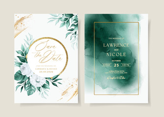 Watercolor wedding invitation template set with white floral and leaves decoration
