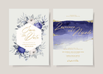 Watercolor wedding invitation template set with violet floral and leaves decoration